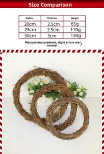 Size chart for natural rattan Christmas wreaths showing radius, thickness and weight details