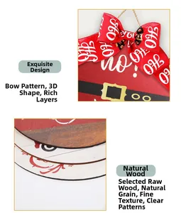 Detail of round wooden Christmas door sign with Santa belt design and Ho Ho Ho bow
