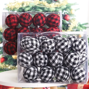 Christmas ball ornament set with red, black, and white buffalo plaid fabric for tree decor