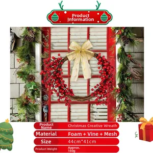 Detail view of 44x41cm Christmas wreath with red foam berries and golden mesh bow