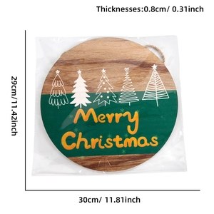 Detail of round wooden Christmas door sign with Merry Christmas text and size labels