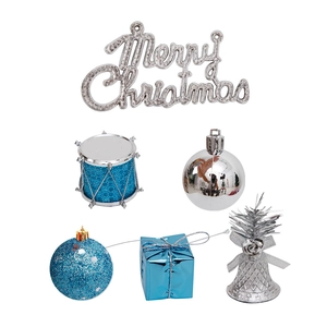 Blue and silver Christmas tree ornament set with Merry Christmas sign and bells