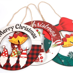Christmas round wooden signs with Santa, Gnomes and bells for festive wall and door decoration