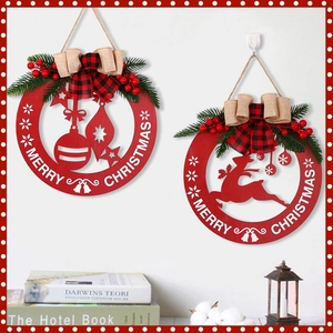 Rustic Wood Merry Christmas Hanging Sign With Reindeer Bells Hollow Out Design Red Plaque Decoration For Door Home Party