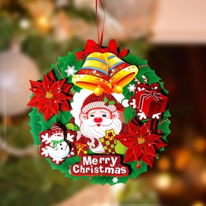 Detail of 3D Christmas wreath ornament featuring Santa and snowman with Merry Christmas sign