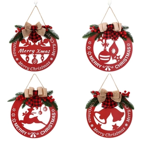 Set of 4 red hollow wooden Christmas ornaments with reindeer and bells for home decor