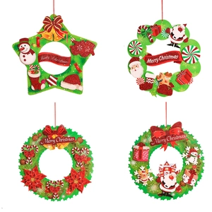 3D Christmas Paper Wreath Glitter Santa Claus Snowman Reindeer Pattern Hanging Ornaments For Xmas Party Home Wall Window Decoration
