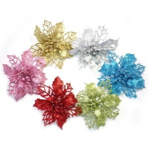 Set of 6 glitter artificial poinsettia flowers in various colors for Christmas tree decor