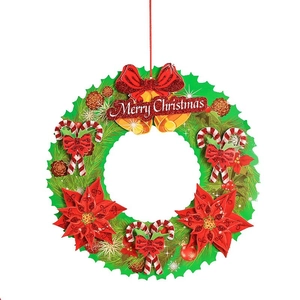 3D paper Christmas wreath with red flowers, candy canes, bells and Merry Christmas sign