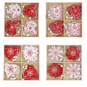 Lot de suspensions de Noël en bois rouge et blanc avec motifs variés en boîte bois