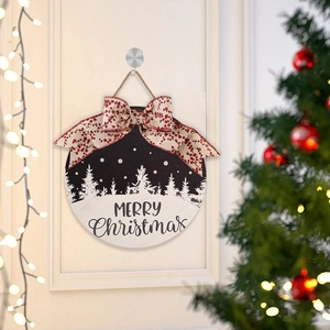 Round wooden Merry Christmas door sign with bow and pine tree pattern for home decor