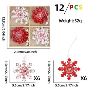 Lot de 12 ornements de flocons de neige en bois rouge et blanc avec boîte de rangement en bois