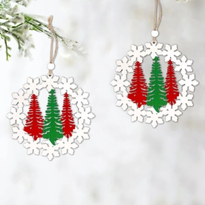Set of two white wooden snowflake ornaments with 3D red and green Christmas trees
