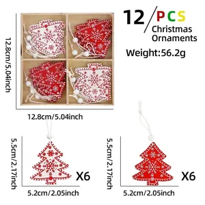 Lot de 12 ornements de Noël en bois avec motifs de flocons de neige et boîte de rangement
