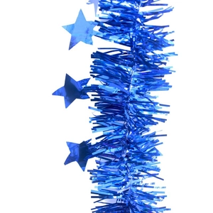 Close-up of shiny blue tinsel garland with decorative metallic star sequins for holiday