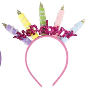 Pink birthday headband with colorful candles and sparkling Happy Birthday sequin letters