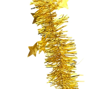 Detail of metallic gold Christmas tinsel garland with shiny star ornaments for festive decor