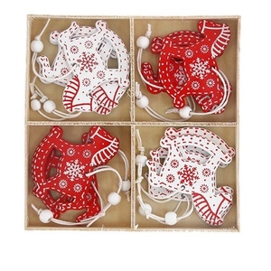 Lot de décorations de Noël chevaux à bascule en bois rouge et blanc en boîte cadeau
