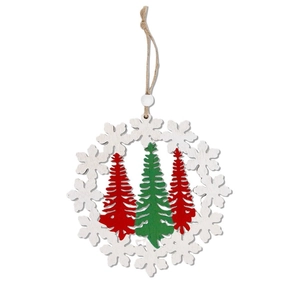 Wooden Christmas hanging snowflake ornament with layered red and green pine trees