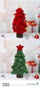 Detail of wool felt Christmas tree with wooden base and golden bells decoration