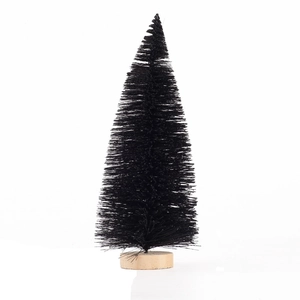Mini black sisal Christmas tree with a natural wooden base for gothic holiday tabletop decor