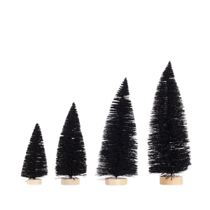 Four mini black sisal Christmas trees with wooden bases in graduated sizes for tabletop