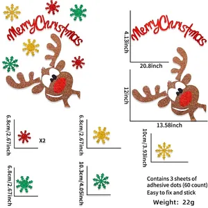 Set pegatinas reno purpurina y Merry Christmas con copos de nieve y detalles de medida