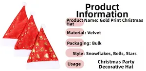 Detailed view of red flannel Christmas hats with gold snowflake and star prints