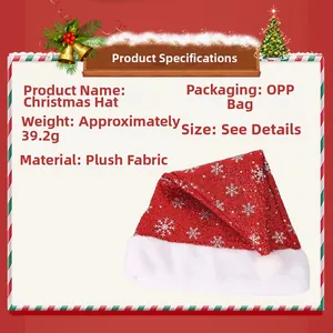 Detail of red sequin Christmas hat with silver snowflakes and white plush trim