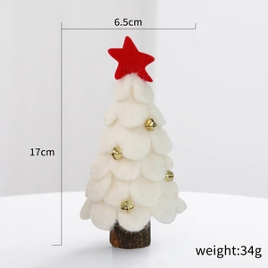 Mini white wool felt Christmas tree with red star and gold bells on wood base