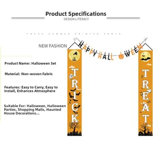 Detailansicht der Trick or Treat Türbanner und Happy Halloween Wimpelkette aus Vlies