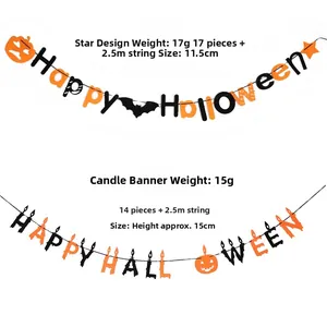 Detail von Happy Halloween Girlanden-Set mit orange-schwarzen Stern- und Kerzenmotiven