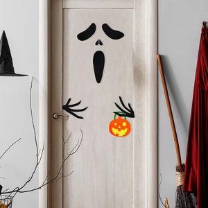 Detailed Halloween door stickers featuring ghost face, pumpkin basket, and spooky hand shapes