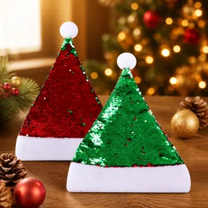 Set di 2 cappelli natalizi festivi con paillettes reversibili rosse e verdi e peluche
