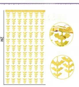 Detail view of golden Halloween bat fringe curtain with adhesive tape for party decoration