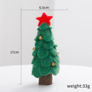 Mini green wool felt Christmas tree with golden bells and red star on wood base