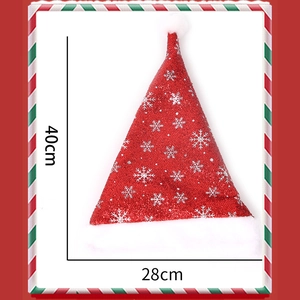 Detail view of red sequin Christmas hat with silver snowflake print and size dimensions
