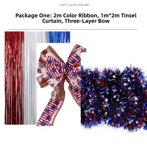 Detail view of July 4th party decor set with tinsel curtain, bow and star ribbon