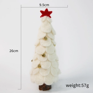 Mini white wool felt Christmas tree with red star, gold bells, and solid wood base