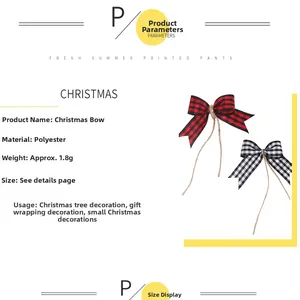 Detailed view of red and black buffalo plaid polyester Christmas bow decoration with twine