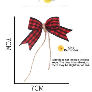 Detailed view of red and black buffalo plaid bow with jute twine measuring 7cm x 7cm