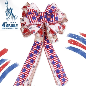 Independence Day patriotic bow with vintage red truck and star patterns for party decor