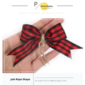 Detail of red and black buffalo plaid polyester bow with 12cm rustic jute twine