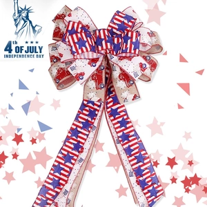 Detailed view of Fourth of July linen bow decoration with American flag and star patterns