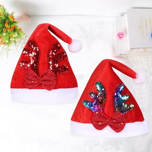 Cappello di Natale Con Corna di Paillettes E Fiocco Cappello da Babbo Natale in Velluto Rosso Per Festa Decorazione Natalizia