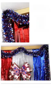 Detail of red white and blue Independence Day foil fringe curtains and burlap bow decoration