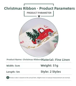 Detail view of 5cm wide burlap Christmas ribbon with vintage red truck tree pattern