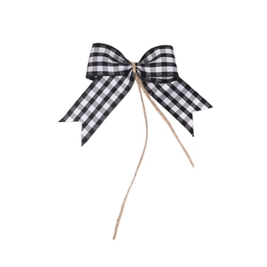 Christmas black and white plaid polyester bow decoration with twine for holiday wreaths
