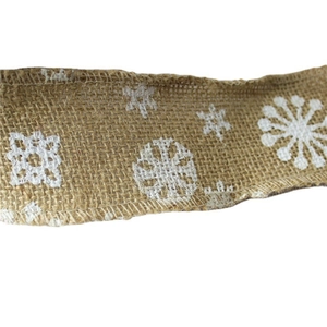 Natural burlap Christmas ribbon with white snowflake prints for holiday gift wrapping