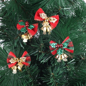 Mini Nœuds de Noël Ornements Avec Cloches Dorées et Feuilles de Houx Nœuds en Velours Plaid pour Décoration de Sapin de Noël Festif